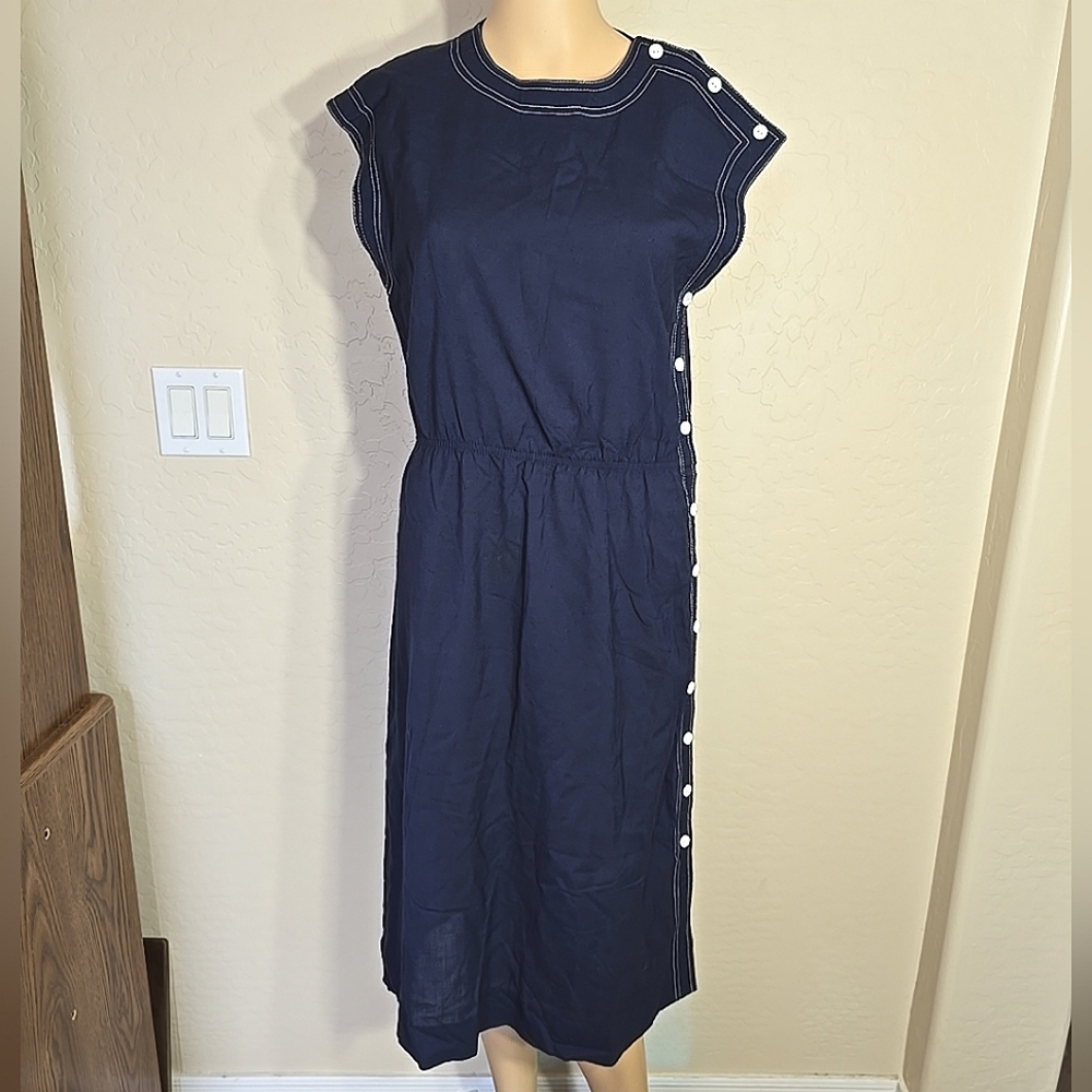 Vintage Leslie Fay Original Dress Blue With White Trim Side Buttons Sleeveless